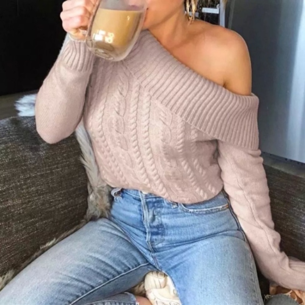 SOLD OUT CLEARANCE Blush Cable Knit One Shoulder Sweater - Picture 2 of 5